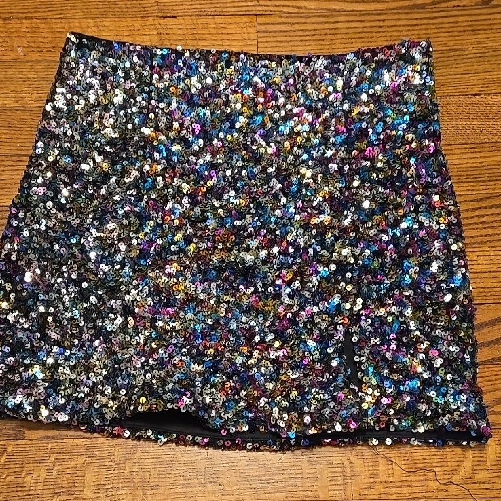 Multicolor Sequin Mini Skirt Slit Front Medium